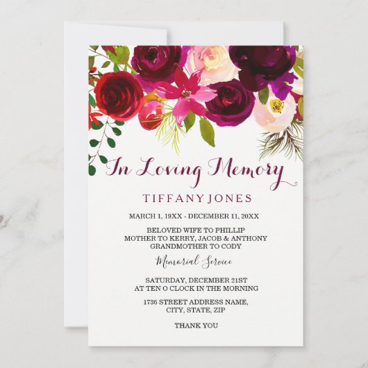Burgundy Floral Memorial Announcement Service Kaart (Voorkant)