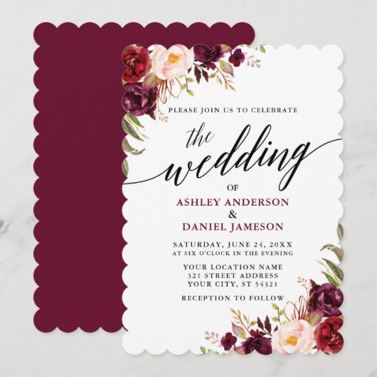 Burgundy Floral Modern Elegant Calligraphy Wedding Kaart (Voorkant / Achterkant)