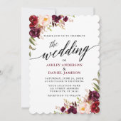 Burgundy Floral Modern Elegant Calligraphy Wedding Kaart (Voorkant)