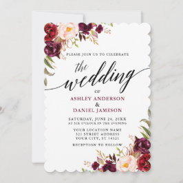 Burgundy Floral Modern Elegant Calligraphy Wedding Kaart