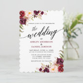 Burgundy Floral Modern Elegant Calligraphy Wedding Kaart (Staand voorkant)