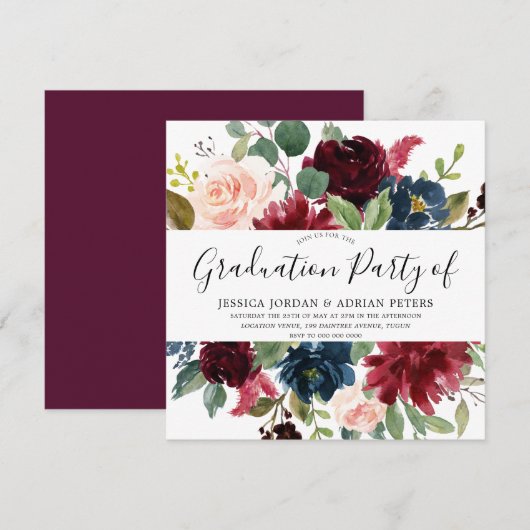 Burgundy Floral Modern Graduation Party Kaart (Voorkant / Achterkant)