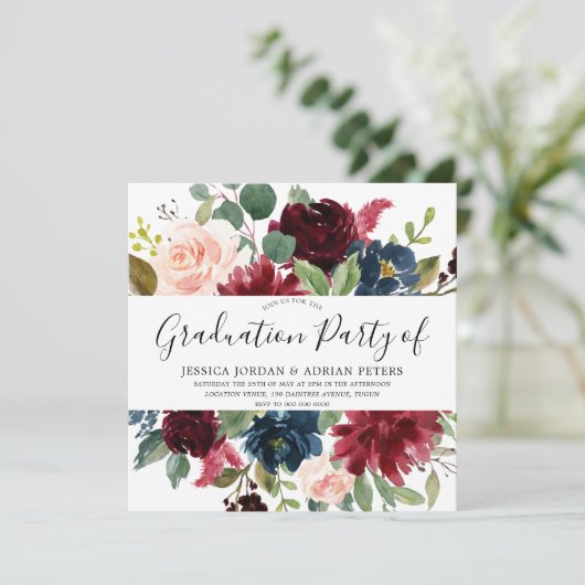 Burgundy Floral Modern Graduation Party Kaart (Staand voorkant)