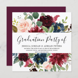 Burgundy Floral Modern Graduation Party Kaart