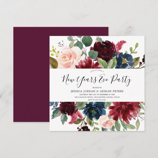 Burgundy Floral Modern New Years Eve Party Kaart (Voorkant / Achterkant)