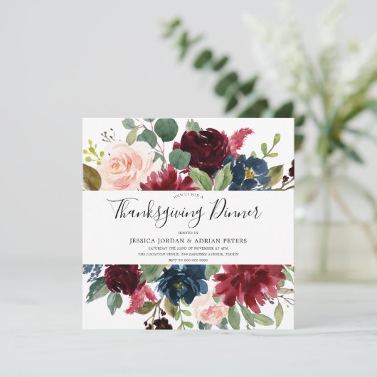 Burgundy Floral Modern Thanksgiving Dinner Kaart (Staand voorkant)