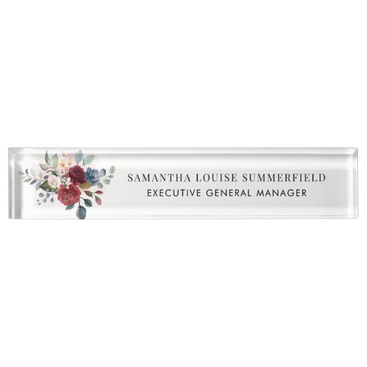 Burgundy Floral Modern Waterverf Naambordje (Voorkant)