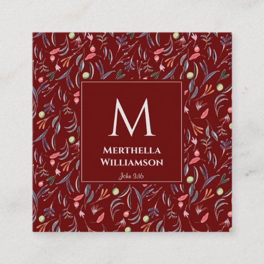 BURGUNDY Floral MONOGRAM - aangepaste scripts Vierkante Visitekaartje (Voorkant)