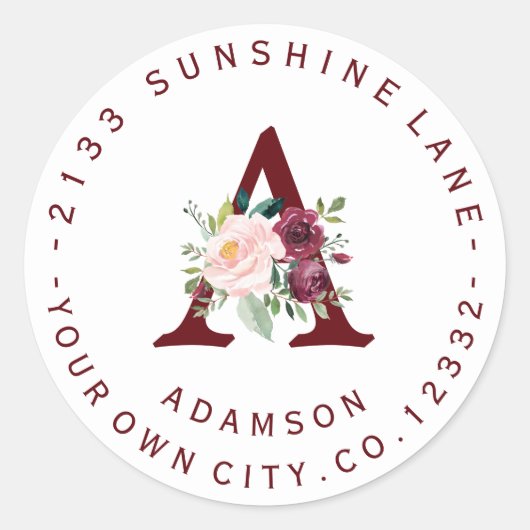 Burgundy Floral Monogram Circular Address Label (Voorkant)
