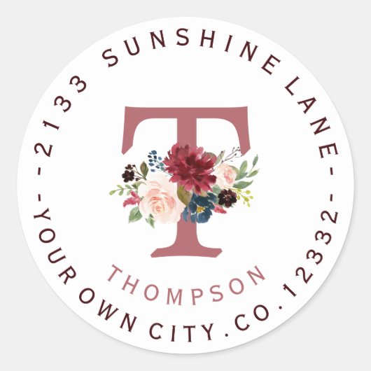 Burgundy Floral Monogram Circular Address Label (Voorkant)