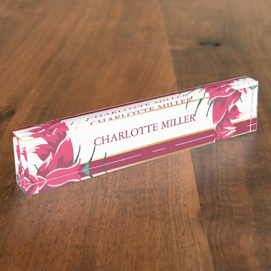 Burgundy Floral Monogram gestript Naambordje (Zijkant)