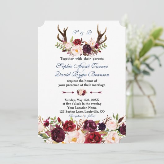 Burgundy Floral Navy Blue Antlers Monogram Weddens Kaart (Staand voorkant)