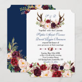 Burgundy Floral Navy Blue Antlers Monogram Weddens Kaart (Voorkant / Achterkant)