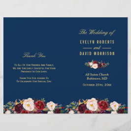Burgundy Floral Navy Blue Folded Wedding Programme