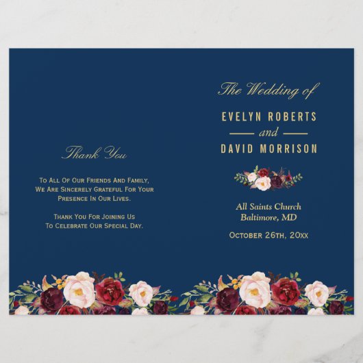 Burgundy Floral Navy Blue Folded Wedding Programme (Voorkant)