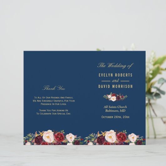 Burgundy Floral Navy Blue Folded Wedding Programme (Staand voorkant)