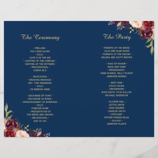 Burgundy Floral Navy Blue Folded Wedding Programme (Achterkant)