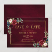 Burgundy Floral Navy Blue Gold Lijst Save the Date (Voorkant / Achterkant)