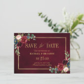 Burgundy Floral Navy Blue Gold Lijst Save the Date (Staand voorkant)
