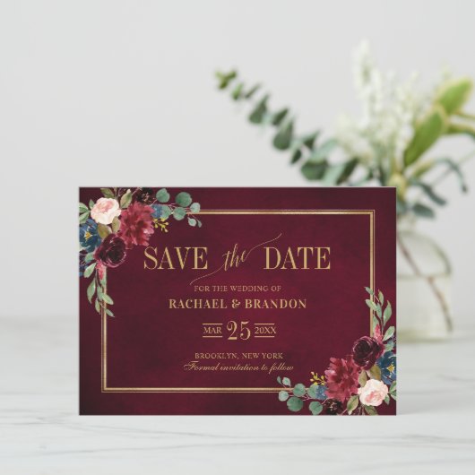 Burgundy Floral Navy Blue Gold Lijst Save the Date (Staand voorkant)