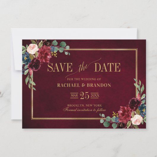 Burgundy Floral Navy Blue Gold Lijst Save the Date (Voorkant)