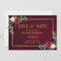Burgundy Floral Navy Blue Gold Lijst Save the Date