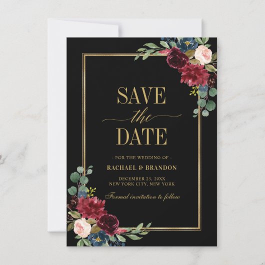 Burgundy Floral Navy Blue Gold Lijst Save the Date (Voorkant)