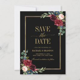 Burgundy Floral Navy Blue Gold Lijst Save the Date