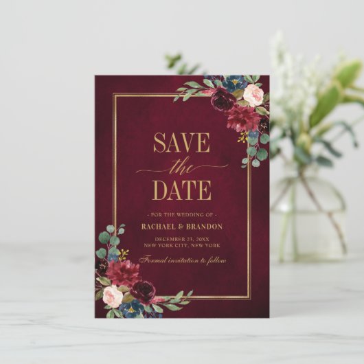 Burgundy Floral Navy Blue Gold Lijst Save the Date (Staand voorkant)