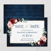 Burgundy Floral Navy Blue Gold Lijst Save the Date (Voorkant / Achterkant)