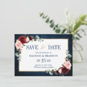 Burgundy Floral Navy Blue Gold Lijst Save the Date (Staand voorkant)
