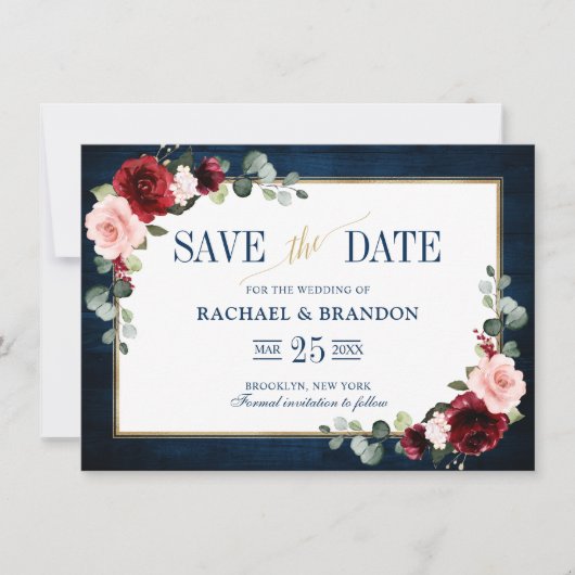 Burgundy Floral Navy Blue Gold Lijst Save the Date (Voorkant)
