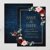 Burgundy Floral Navy Blue Gold Lijst Save the Date (Voorkant / Achterkant)