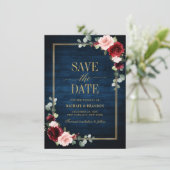 Burgundy Floral Navy Blue Gold Lijst Save the Date (Staand voorkant)