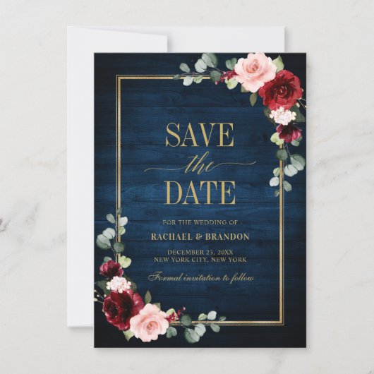 Burgundy Floral Navy Blue Gold Lijst Save the Date (Voorkant)