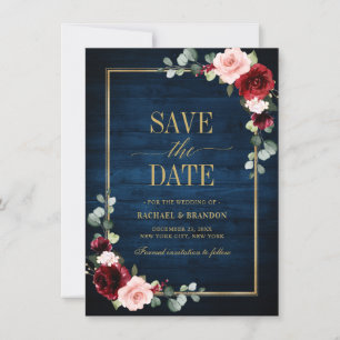 Burgundy Floral Navy Blue Gold Lijst Save the Date