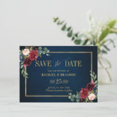 Burgundy Floral Navy Blue Gold Lijst Save the Date (Staand voorkant)