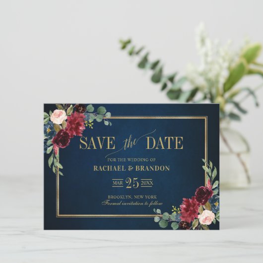 Burgundy Floral Navy Blue Gold Lijst Save the Date (Staand voorkant)