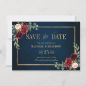 Burgundy Floral Navy Blue Gold Lijst Save the Date (Voorkant)