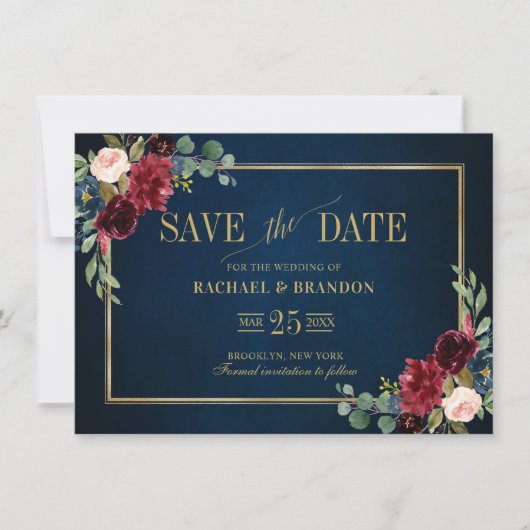 Burgundy Floral Navy Blue Gold Lijst Save the Date (Voorkant)