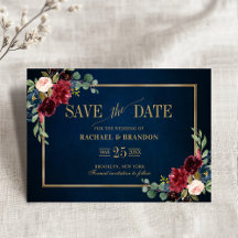 Burgundy Floral Navy Blue Gold Lijst Save the Date