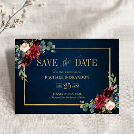 Burgundy Floral Navy Blue Gold Lijst Save the Date