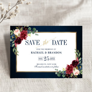 Burgundy Floral Navy Blue Gold Lijst Save the Date