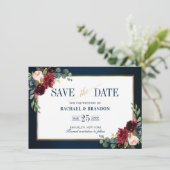 Burgundy Floral Navy Blue Gold Lijst Save the Date (Staand voorkant)