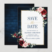 Burgundy Floral Navy Blue Gold Lijst Save the Date (Voorkant / Achterkant)