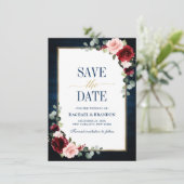 Burgundy Floral Navy Blue Gold Lijst Save the Date (Staand voorkant)