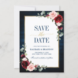 Burgundy Floral Navy Blue Gold Lijst Save the Date
