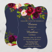 Burgundy Floral Navy Blue Gold Wedding Kaart (Voorkant / Achterkant)