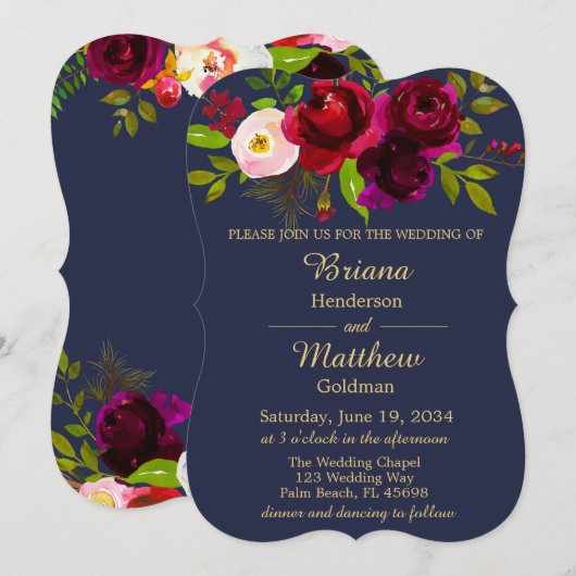 Burgundy Floral Navy Blue Gold Wedding Kaart (Voorkant / Achterkant)