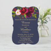 Burgundy Floral Navy Blue Gold Wedding Kaart (Staand voorkant)
